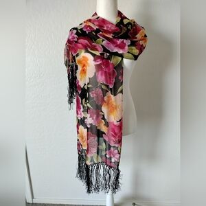 Floral Black Scarf with Fringe